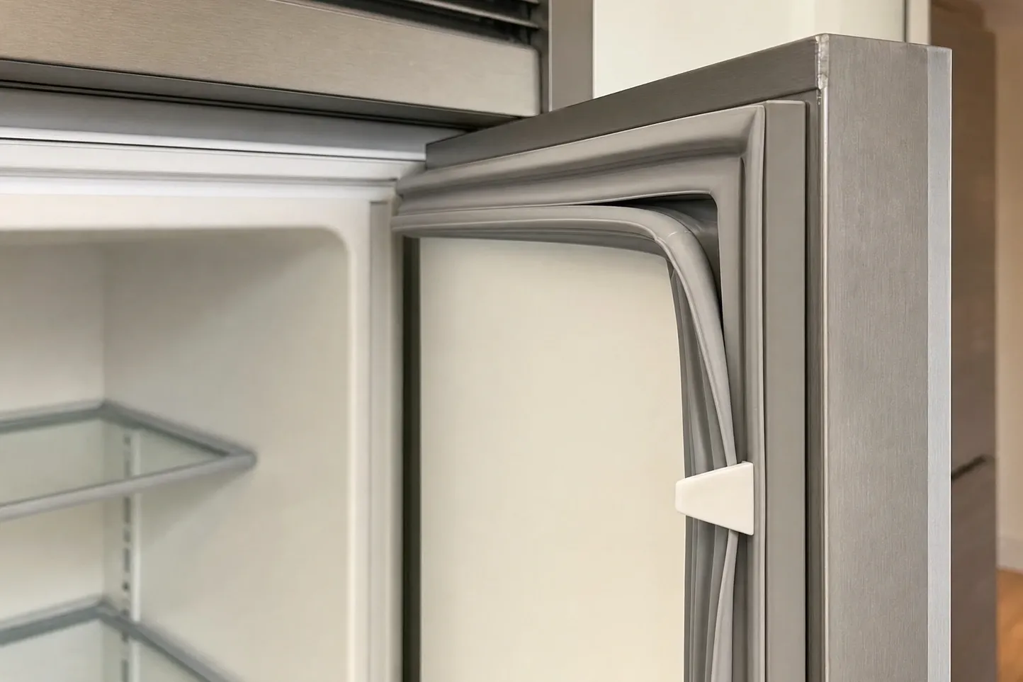 Close-up of the flexible magnetic gasket standing proud of the liner at the corner of an open stainless door