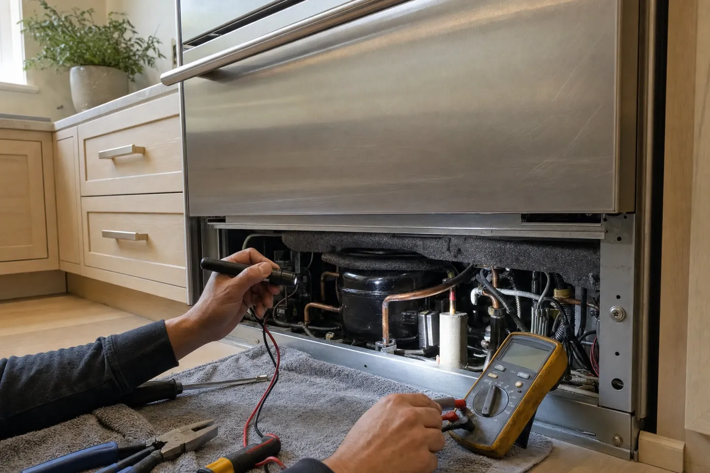 Machine compartment open under a stainless drawer front, one hand holding a flashlight and the other a multimeter at a compressor wrapped in sound insulation, pliers on a towel on the floor