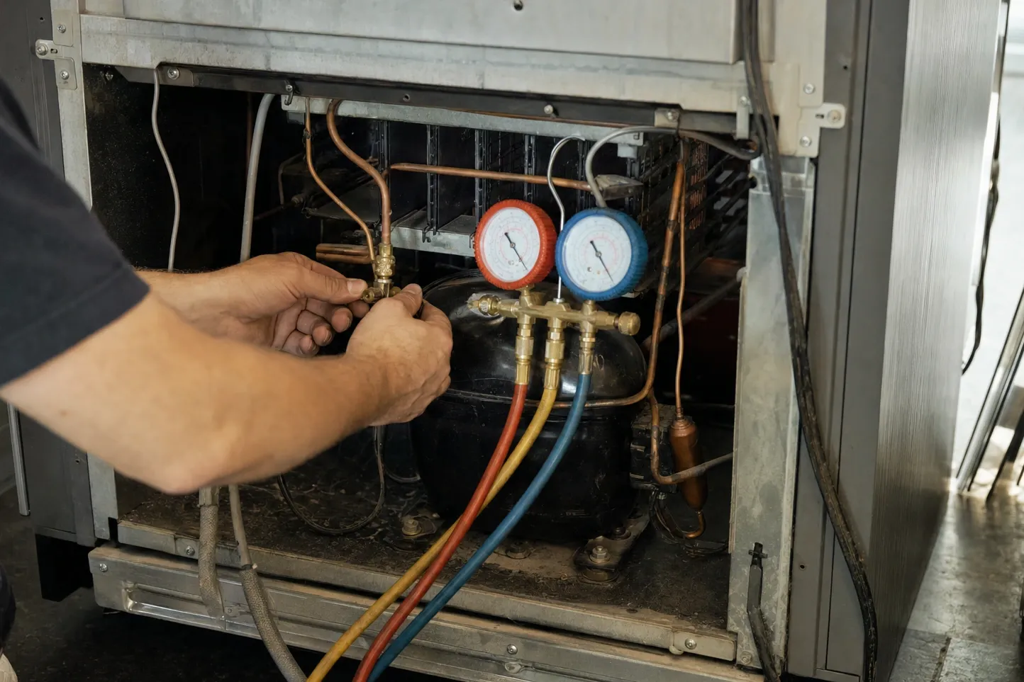 Red and blue manifold gauges connected at a service valve beside the black compressor inside an open machine bay