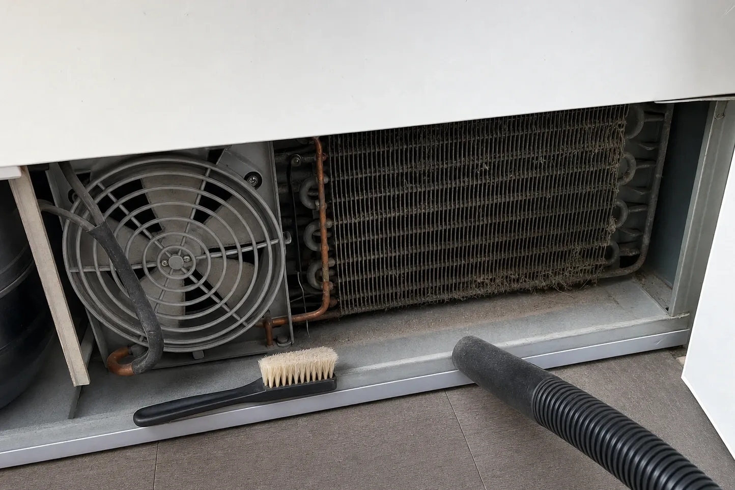 Condenser coil thick with grey dust behind an open lower grille, a bristle brush and a vacuum hose nozzle waiting on the floor