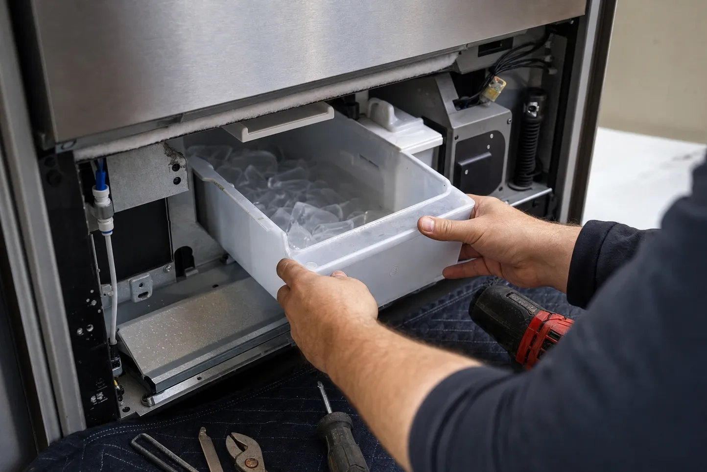 Hands lifting a translucent ice bin of clear cubes out of an undercounter ice maker, water line and drain pan visible in the bay behind