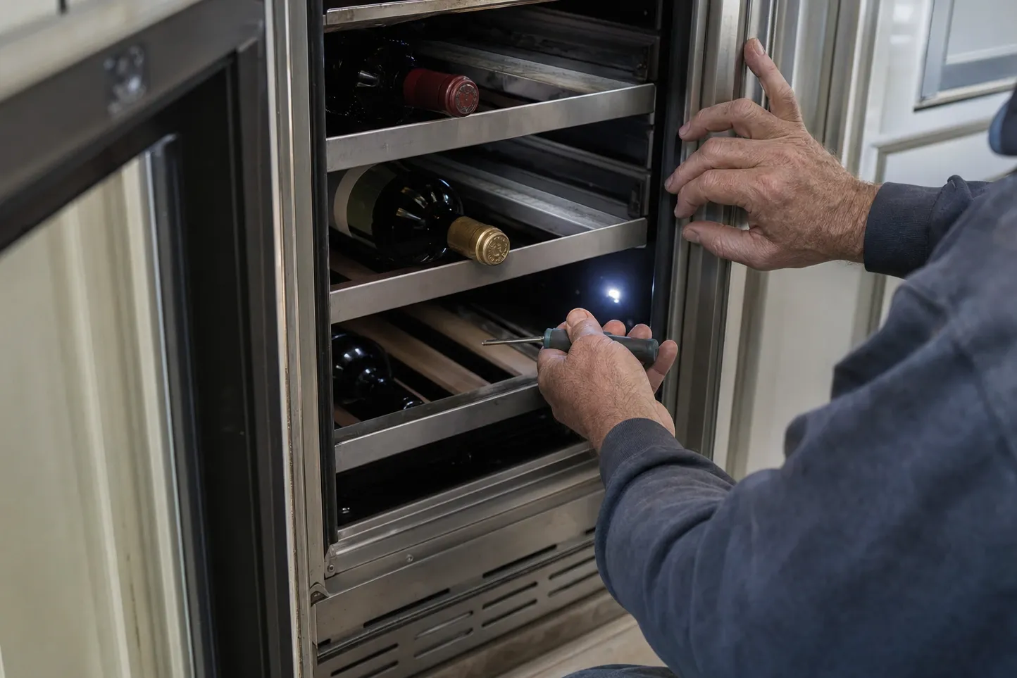 Wine column with the glass door open, bottles lying on stainless racks, a hand holding a screwdriver at one of the rack rails