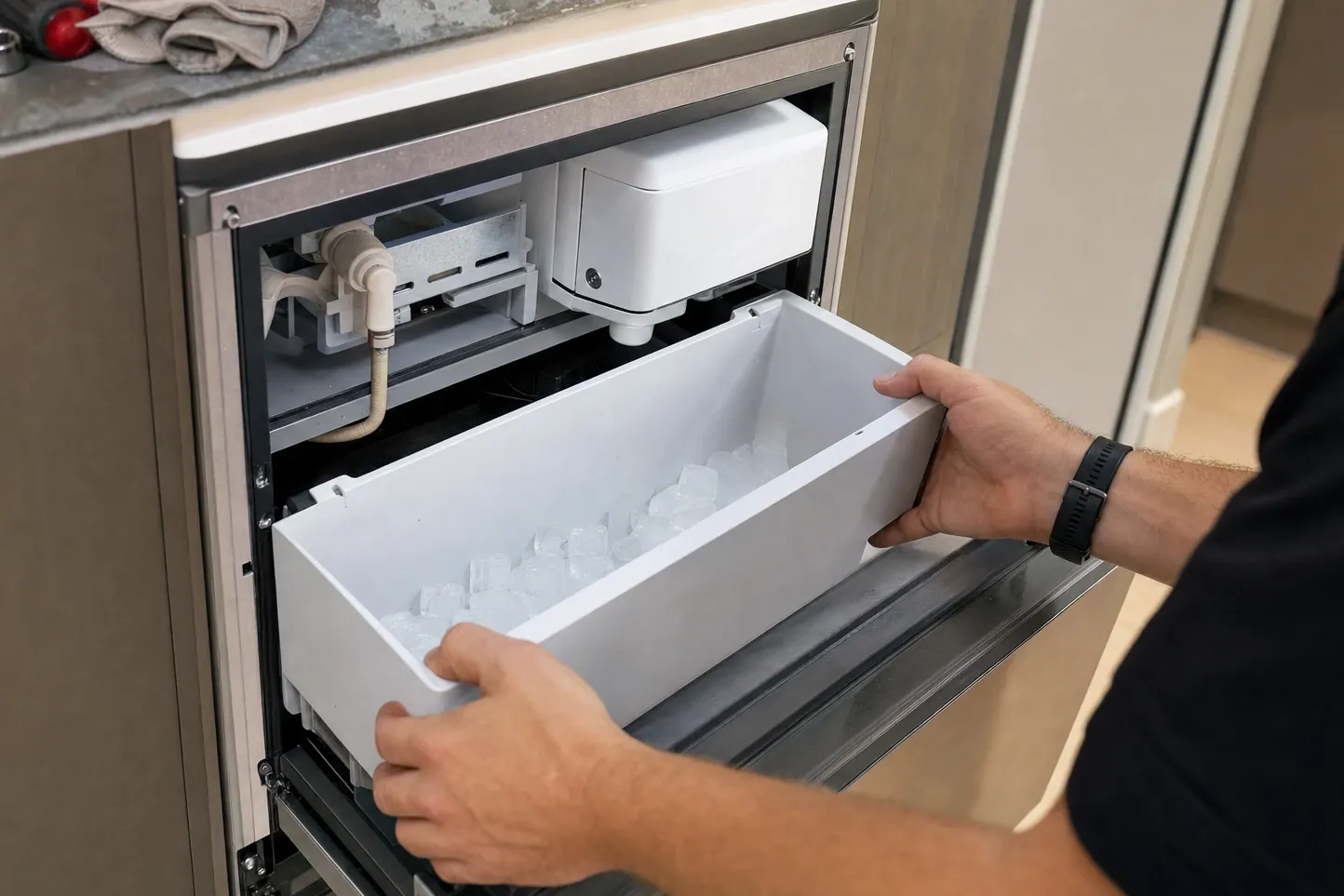 White ice bin with a single row of cubes drawn out of an undercounter ice maker, the cube plate, pump housing and water plumbing above it