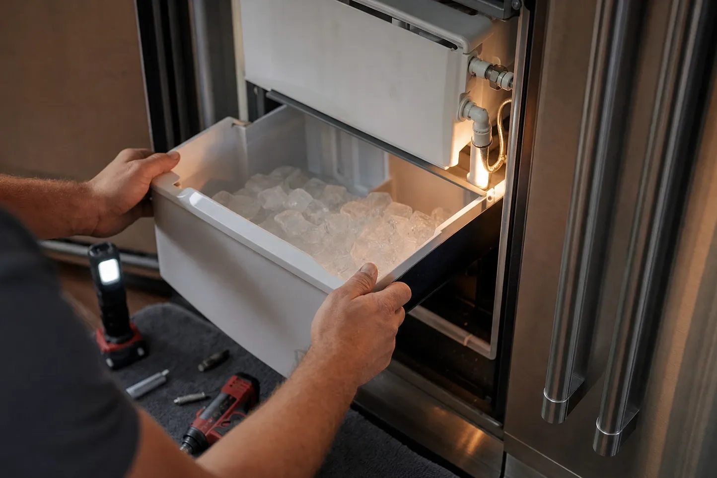 Hands pulling an ice drawer full of cubes out of a stainless built-in column, the ice maker module and its water line lit above, a cordless work light and driver bits on a grey towel