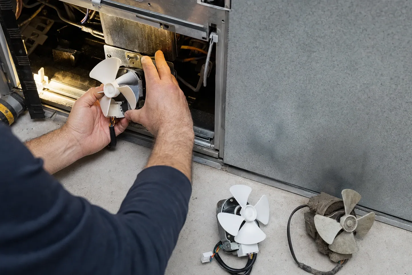 A hand holding a new white-bladed fan motor at an opened base compartment, with a second white motor and a grey dust-caked one lying on the floor alongside