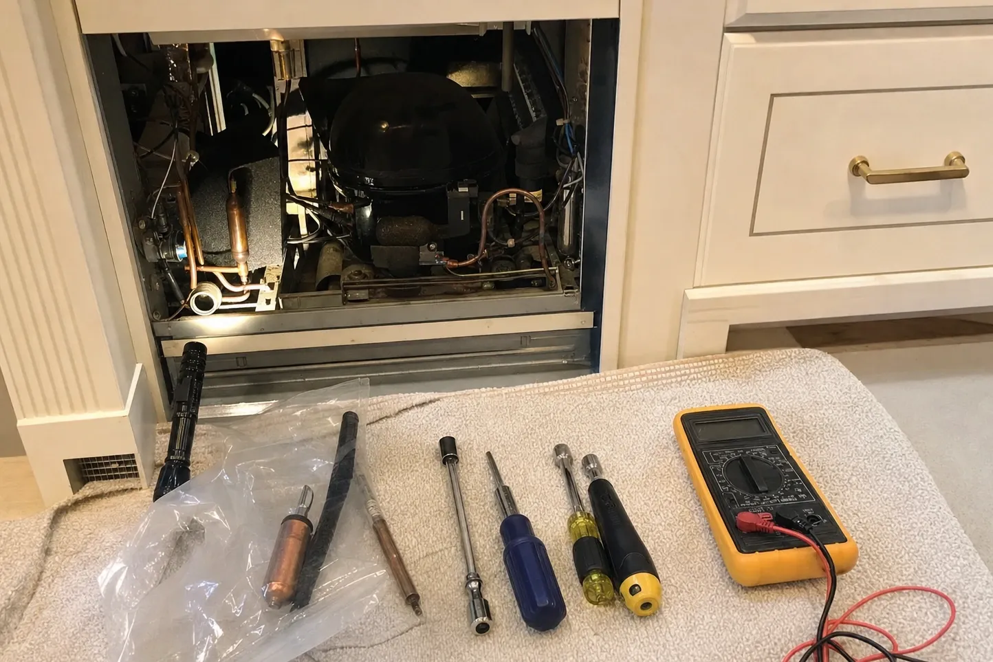 Lower grille off a cream panelled built-in showing the compressor, copper lines and filter drier, with a flashlight, two bagged parts, nut drivers, screwdrivers and a yellow multimeter set out on a towel in front