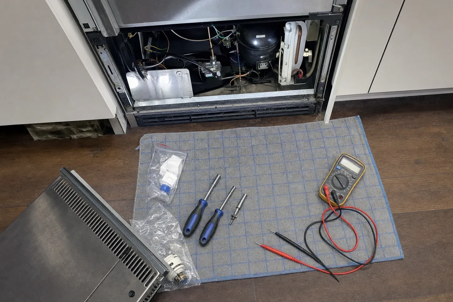 Overhead view of an undercounter unit with its louvred grille removed and propped on the floor, the bay showing compressor, drain pan and fan housing, and bagged parts, screwdrivers and a yellow multimeter on a checked mat